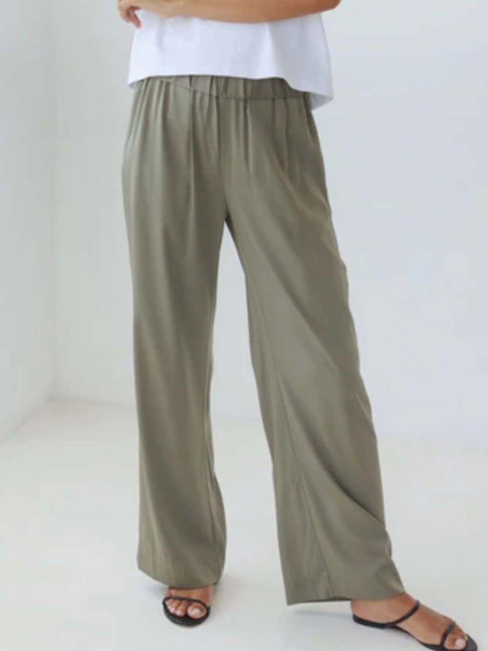AYR Silk Relaxed Wide-Leg Pants in Olive Green